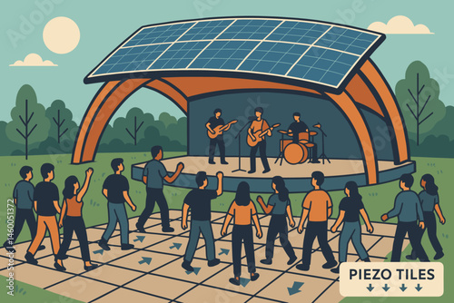 Flat music-green scene with PV roof, piezo floor, and dancing crowd