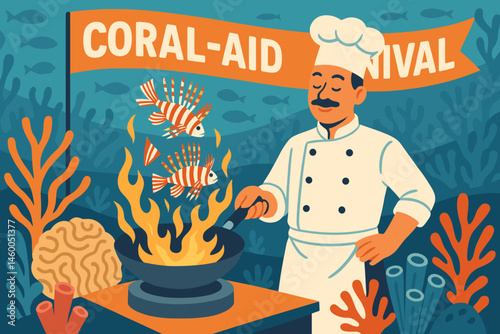 Flat reef-friendly food scene with wok flames, lionfish fillets, and carnival lights