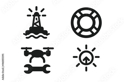 Buoy-tech icons merging lamp, anchor, wrench, and sunburst