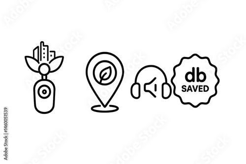 Noise-health icons linking meter, pin, calm, and badge