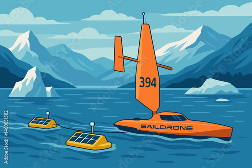 Flat water-research scene with sail drone, floating panels, and blue ice