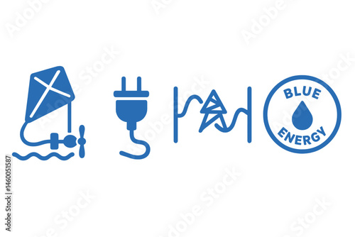 Tidal-power icons linking kite, cable, wave, and badge