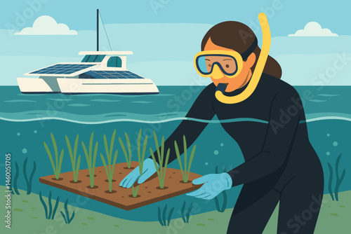 Flat restoration scene with mats, catamaran panels, and blue shallows