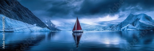 Striking red sailboat navigating through icy waters surrounded by dramatic blue arctic glaciers and peaks


