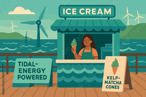 Flat dessert-green scene with tidal turbine logo, green swirl cones, and sea view