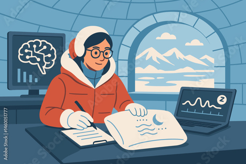 Flat sleep-tech scene with igloo lab, smart pillows, and aurora arc