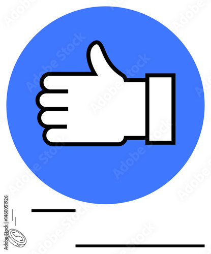 Outlined hand showing thumbs-up within blue circle, accompanied by falling coin. Ideal for feedback, approval, rewards, finance, motivation, positivity and social recognition. Flat simple metaphor