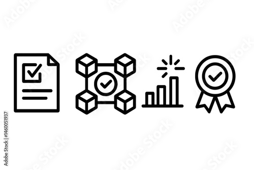 E-vote icons showing ballot, nodes, graph, and seal
