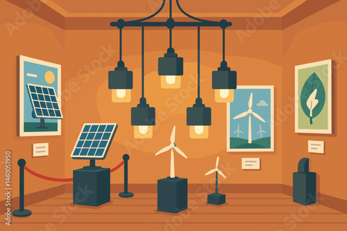 Flat art-tech scene with pulley chandeliers, gallery walls, and patrons