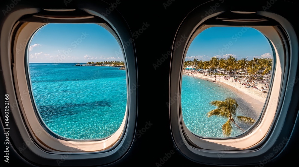 Naklejka premium Tropical beach seen through airplane windows during flight