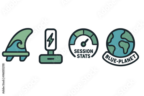 Surf-energy icons showing fin, bolt, gauge, and sticker