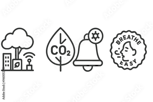 Air-health icons linking purifier, meter, alert, and badge