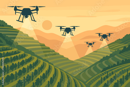 Flat agri-tech scene with terraces, nutrient mist, and pink sky