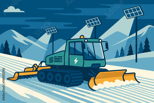 Flat winter-green scene with e-groomer tracks, solar mast lights, and snowy ridges