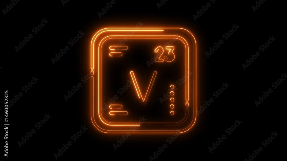 Glowing vanadium element neon sign animation on black background Glowing vanadium element neon sign animation on black background