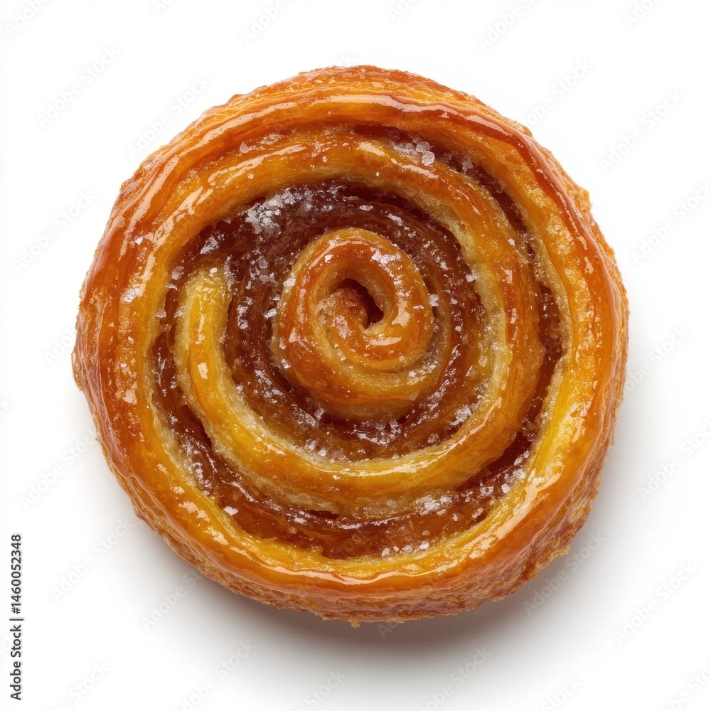 Fototapeta premium Shiny glazed spiral caramel pastry roll with golden flaky layers and sticky sweet coating