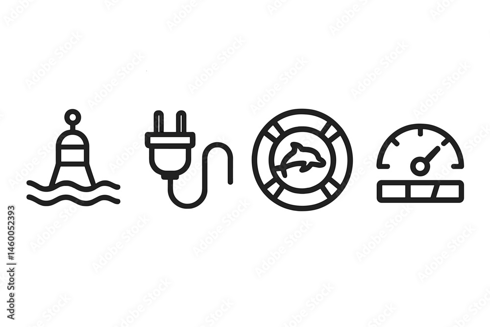 Fototapeta premium Wave-power icons joining buoy, plug, wildlife ring, and meter