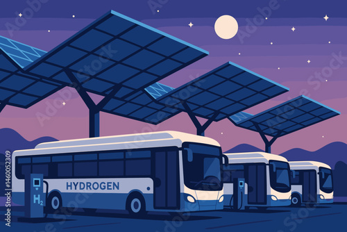 A flat landscape is shown with hydrogen-powered buses, a blue solar panel canopy, and the sky at dusk