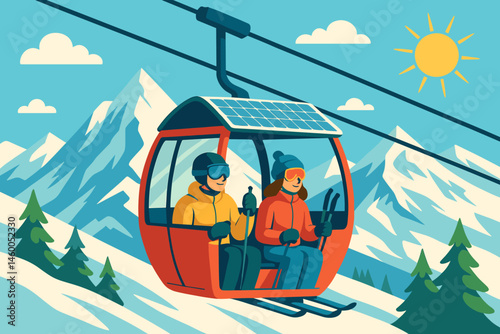 A flat clean-mobility scene is depicted with PV gondola cabins, skiers, and bright ice in view