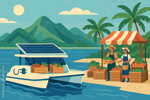 Flat island-logistics scene with PV sails, produce crates, and turquoise sea