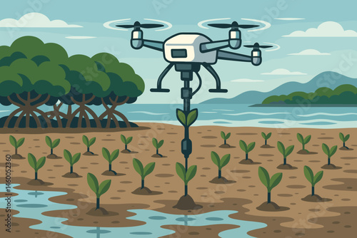 A flat landscape of restoration technology is shown with elements of drone arms, mangrove shoots, and tidal flats