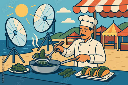 Flat sea-taco scene with mirror array, tempura fry, and merry crowd