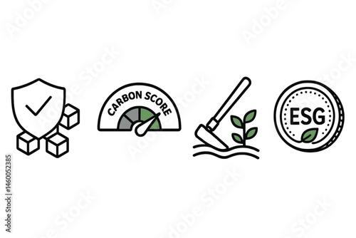 The ESG finance icons feature a shield, dial, hoe, and coin
