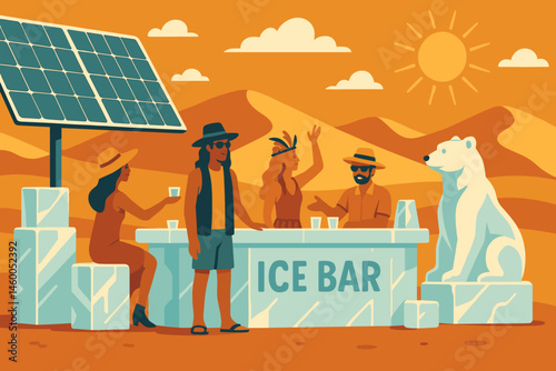 A flat landscape of cool technology is depicted, complete with snow blocks, solar chillers, and desert tents