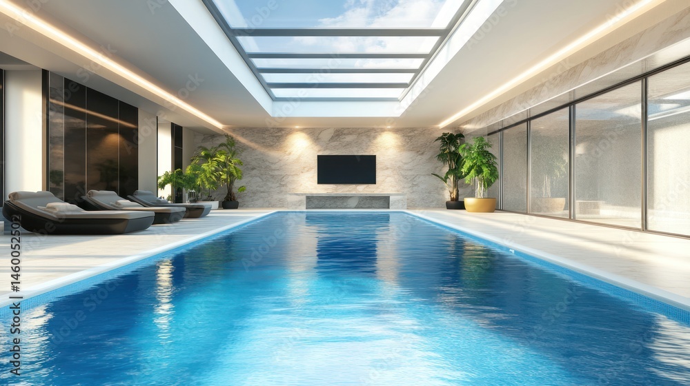 Fototapeta premium Luxurious Indoor Pool, Modern Home, Skylight, Relaxation