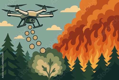 A flat landscape was shown with advanced fire-fighting technology, featuring drones firing in unison, retardant balls, and a smoky ridge