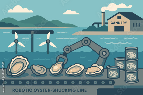 Flat seafood-tech scene with conveyor, robot arms, tidal blades, and sea view
