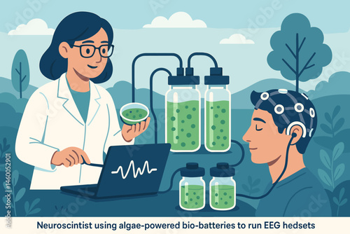 Flat green-tech scene with bio battery jar, headset, and lake algae