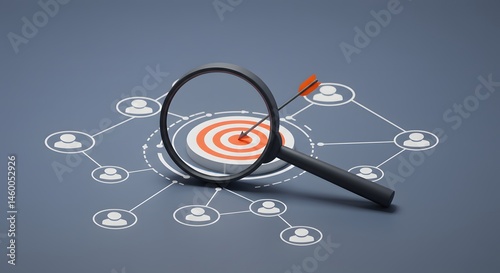 Target audience marketing concept Magnifying glass focusing on a bullseye with network of people icons.