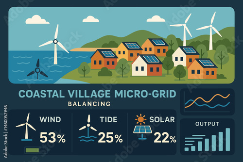 Flat energy-island scene with turbine, tide buoys, PV roofs, and monitor