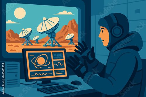 Flat astro-telepresence scene with glove controls, screens, and desert domes