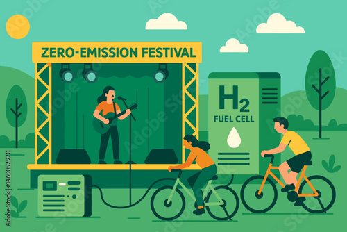 Flat event-green scene with fuel stacks, bike row, and live band