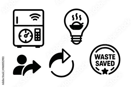Food-save icons linking radar, idea, share, and badge