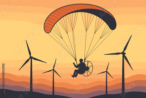 Flat e-flight scene with wing, battery pod, turbines, and sunrise