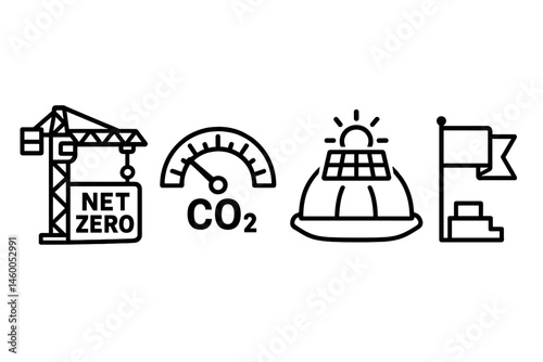 Build-net icons joining crane, carbon dial, solar hat, and flag