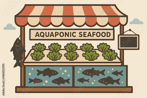 Flat market-tech scene with rafts, tanks, and price chalkboards