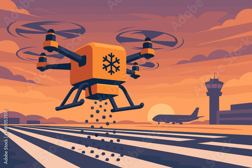 The winter-safety scene is flat and features a drone spreader, runway lights, and a pink sky
