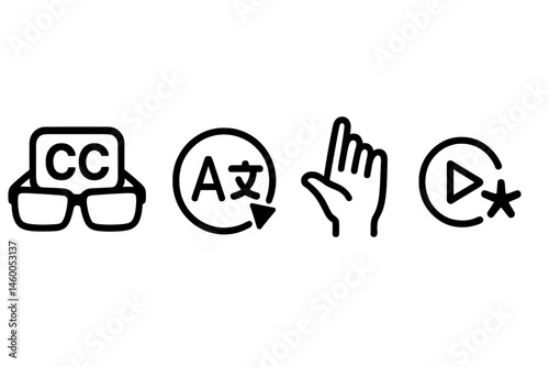 Icons representing media access include a bubble, dial, hand, and star