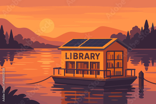 The image depicts a flat educational green setting with a photovoltaic roof, open books, and an orange reflection