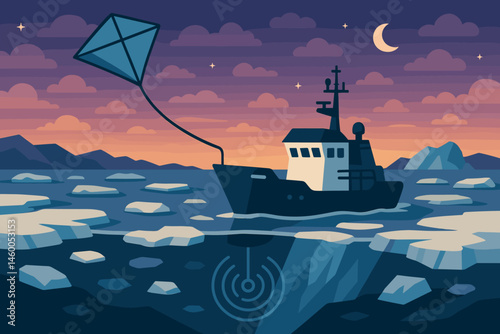 The image presents a flat polar-tech setting that incorporates a kite wing, a radar dish, and a horizon with a pink hue