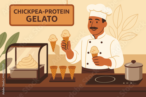 The dessert-tech scene is depicted as flat, featuring a gelato swirl, an induction freezer, and a city park