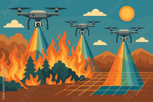 The flat scene includes fire technology, a grid formed by drones, a ridge emitting smoke, and a bright sky above