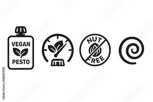A pouch, meter, badge, cap, and swirl are incorporated into the merged design of pesto-eco icons