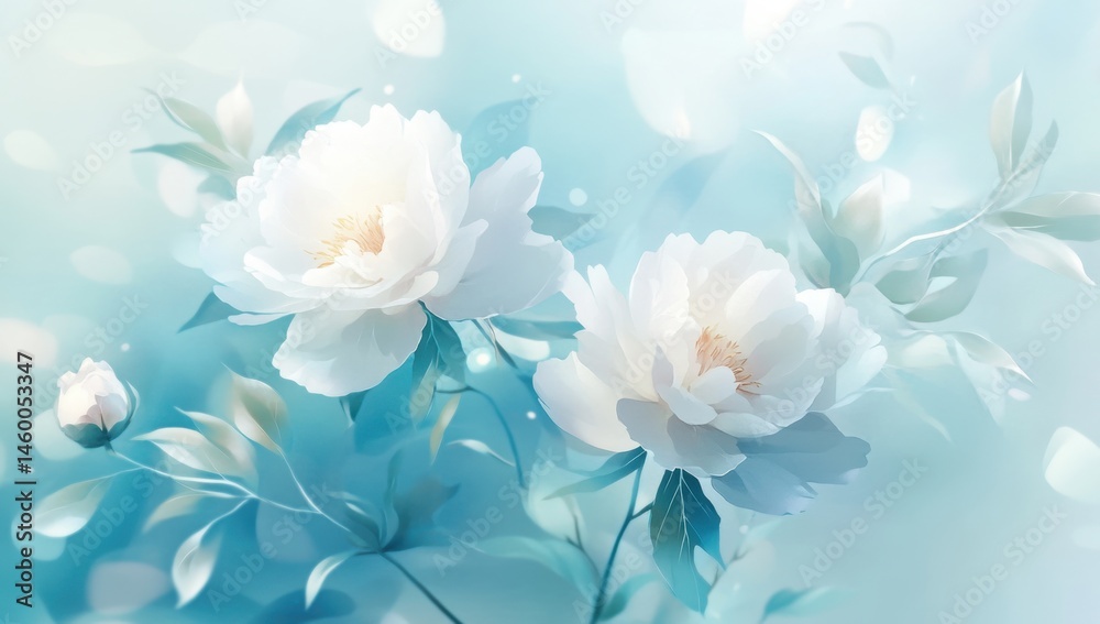 Delicate white peonies in soft teal background Delicate white peonies in soft teal background