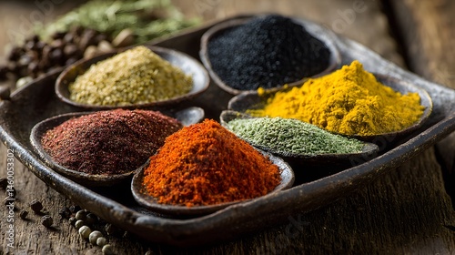 A rustic tray holding assorted colorful spices in small bowls on a weathered wooden surface close up view