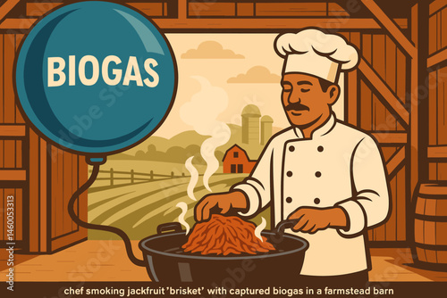 The BBQ scene is completely zero-waste, featuring jackfruit slabs, a gas dome, and hay bales in a flat setting
